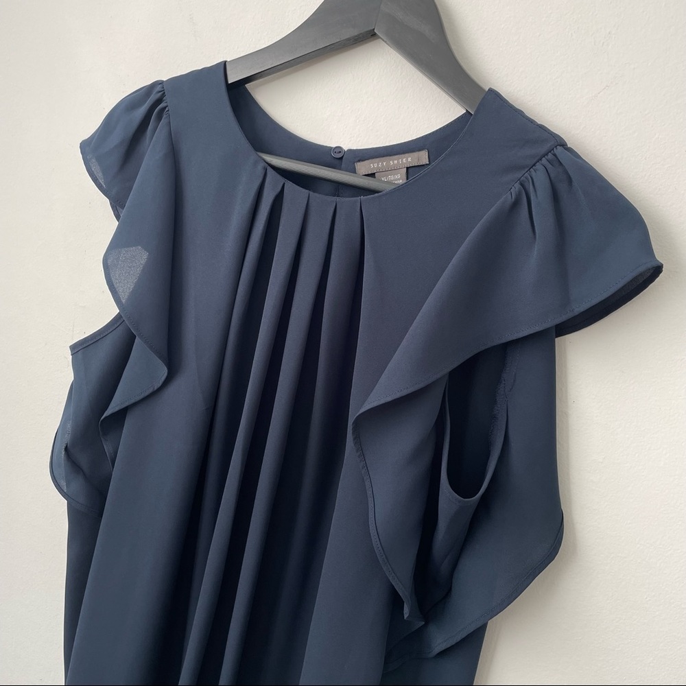 Suzy Shier Navy Ruffle Butterfly Cap Sleeve Blouse